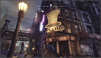Find the hats shop (screen above) and scan the entrance - Riddles - Bowery - Batman: Arkham City - Game Guide and Walkthrough