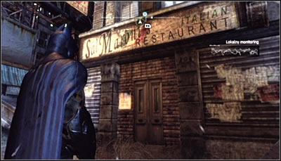 Find the entrance to the Maroni's Italian restaurant (screen above) and scan it - Riddles - Bowery - Batman: Arkham City - Game Guide and Walkthrough