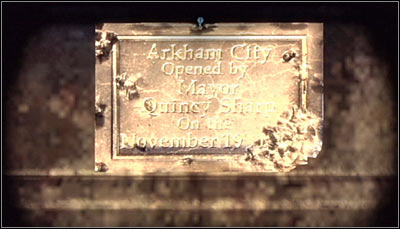 Examine the southern part of the balcony to find a plate informing of the date on which Arkham City was opened - Riddles - Bowery - Batman: Arkham City - Game Guide and Walkthrough