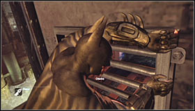 Note that hitting the question mark has led to the grate above him to raise - Batman trophies (16-24) - Steel Mill - Batman: Arkham City - Game Guide and Walkthrough