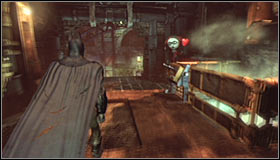 If you stand in the marked spot and turn on the Detective Mode, you should note an incomplete question mark #1 - Riddles - Steel Mill - Batman: Arkham City - Game Guide and Walkthrough