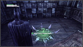 In order to solve this riddle, you have to throw three Batarangs by quickly tapping the left trigger (don't hold it down - Batman trophies (01-10) - Museum - Batman: Arkham City - Game Guide and Walkthrough