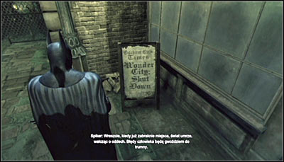 Find the plate informing of the shutdown of Wonder City (screen above) and scan it - Riddles - Wonder City - Batman: Arkham City - Game Guide and Walkthrough