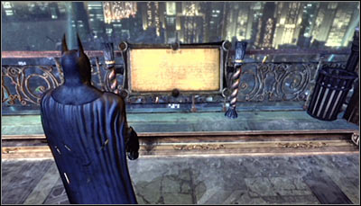 Get onto the big terrace after riding the elevator to the upper level of the Tower and scan the Gotham City painting (screen above) - Riddles - Wonder City - Batman: Arkham City - Game Guide and Walkthrough