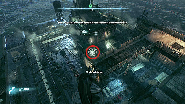 One of the places when you can use a Batarang. - Use the antenna at the Falcone Shipping Yard - Main story - Batman: Arkham Knight - Game Guide and Walkthrough