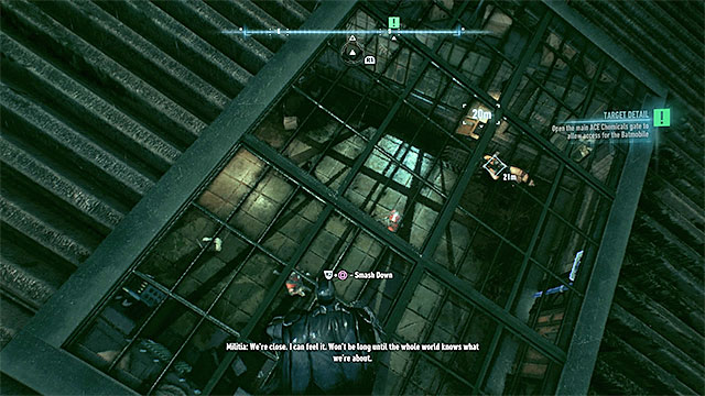 The mechanism that controls the gate is located close to it, in a room with several enemies inside. - Open the main ACE Chemicals gate - Main story - Batman: Arkham Knight - Game Guide and Walkthrough