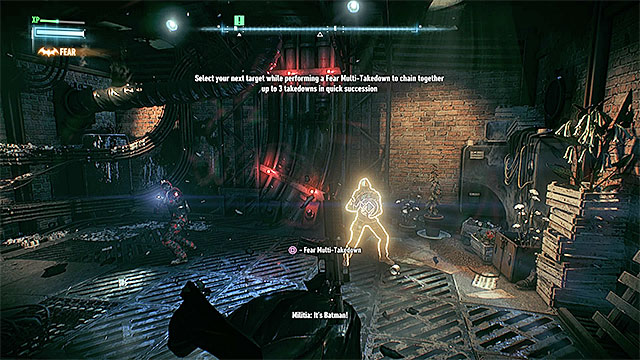 After activating Fear Multi-Takedown, jump from one enemy to another so that Batman can automatically stun them. - Use the antenna at the Falcone Shipping Yard - Main story - Batman: Arkham Knight - Game Guide and Walkthrough