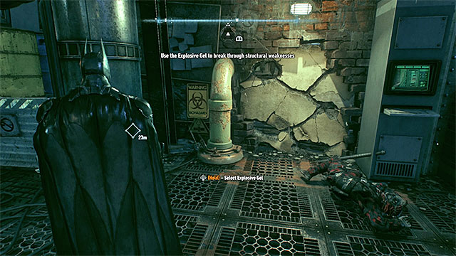 The place where you use Explosive Gel for the first time. - Rescue the missing ACE Chemicals workers (continued) - Main story - Batman: Arkham Knight - Game Guide and Walkthrough