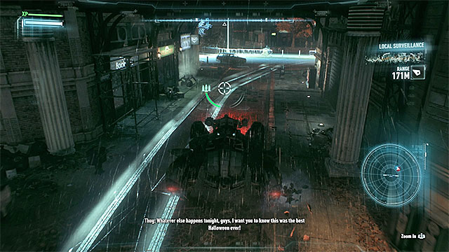 After you use the scanner, you will see the vehicle tracks on the road. - Track the Arkham Knights vehicle using the Forensics Scanner - Main story - Batman: Arkham Knight - Game Guide and Walkthrough