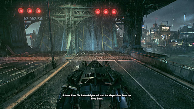 Stop when you reach the raised drawbridge. - Track the Arkham Knights vehicle using the Forensics Scanner - Main story - Batman: Arkham Knight - Game Guide and Walkthrough