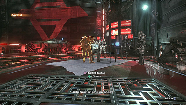 Attack Arkham Knights men stationed near the imprisoned commissioner Gordon - Find commissioner Gordon in the shopping mall (continued) - Main story - Batman: Arkham Knight - Game Guide and Walkthrough