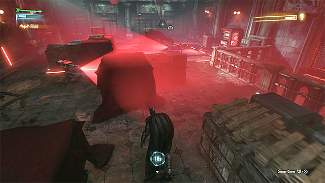 Pick the path shown on the picture above, it will allow you to get close to both defense turrets without being spotted - Defeat Arkham Knight - Main story - Batman: Arkham Knight - Game Guide and Walkthrough