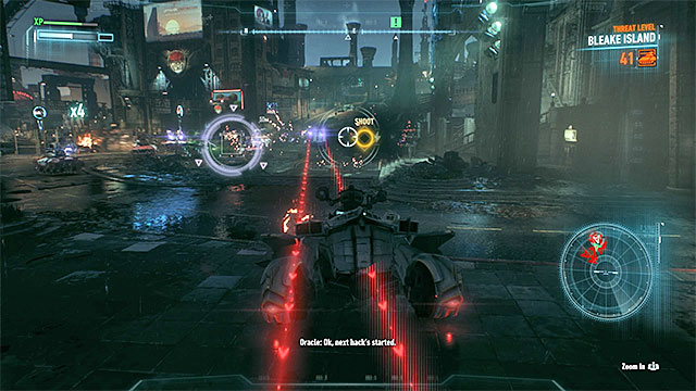 Look around for violet and yellow icons, hitting the machines marked with them will make it much easier for you to win - Defend the Gotham City Police Department - Main story - Batman: Arkham Knight - Game Guide and Walkthrough