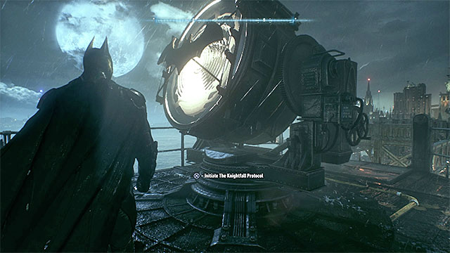 In both cases you need to get to the searchlight on the top of the police station - Additional endings - Knightfall Protocol - Batman: Arkham Knight - Game Guide and Walkthrough