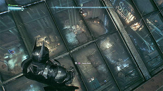 Attack the opponents by dropping onto them through the glass roofing - Gunrunner - Side missions (Most Wanted) - Batman: Arkham Knight - Game Guide and Walkthrough