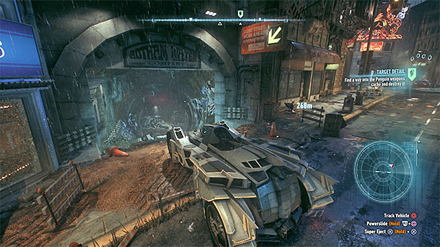 The entrance into the underground tunnels - Gunrunner - Side missions (Most Wanted) - Batman: Arkham Knight - Game Guide and Walkthrough