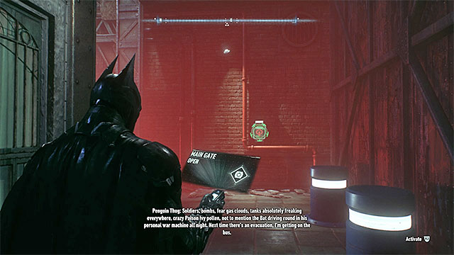 The panel that you need to break into, to open the gate. - Gunrunner - Side missions (Most Wanted) - Batman: Arkham Knight - Game Guide and Walkthrough