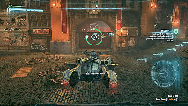 Point 4 - In addition to the enemies fully equipped with weapons, defense turrets can be found on the checkpoint territory - Own the Roads - Side missions (Most Wanted) - Batman: Arkham Knight - Game Guide and Walkthrough