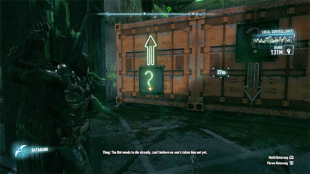 Use the batarang to raise up the containers - Riddler trophies on Bleake Island (1-18) - Collectibles - Bleake Island - Batman: Arkham Knight - Game Guide and Walkthrough