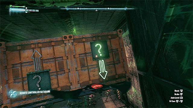 Use the remote controlled batarang to hit the new button and crush the robots - Riddler trophies on Bleake Island (1-18) - Collectibles - Bleake Island - Batman: Arkham Knight - Game Guide and Walkthrough