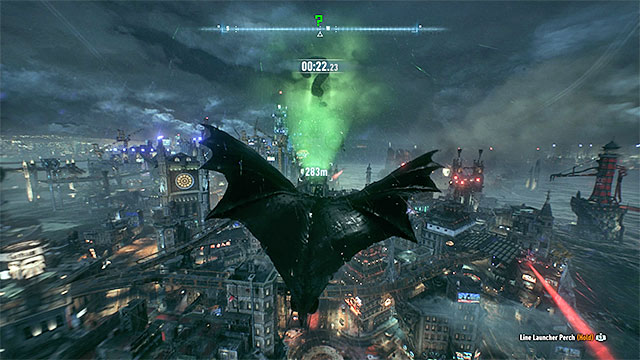 Catapult from the Batmobile and use the grappling hook to reach the trophy before the time runs out - Riddler trophies on Bleake Island (1-18) - Collectibles - Bleake Island - Batman: Arkham Knight - Game Guide and Walkthrough