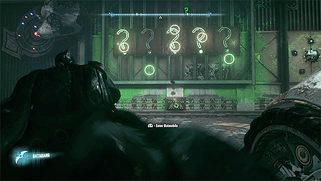 Throw the batarangs at the question marks when the dots are inside the highlighted green circles - Riddler trophies on Bleake Island (19-36) - Collectibles - Bleake Island - Batman: Arkham Knight - Game Guide and Walkthrough