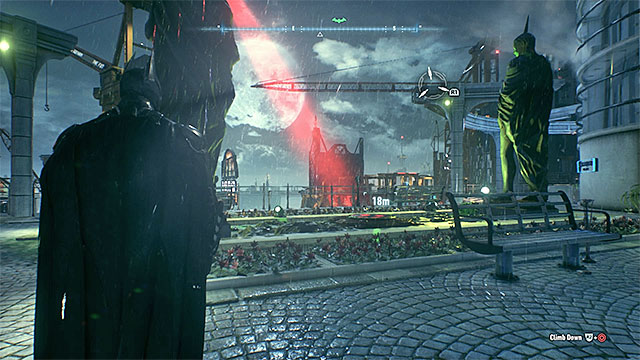 Find the pressure plate on the bridge between the skyscrapers - Riddler trophies on Founders Island (1-16) - Collectibles - Founders Island - Batman: Arkham Knight - Game Guide and Walkthrough