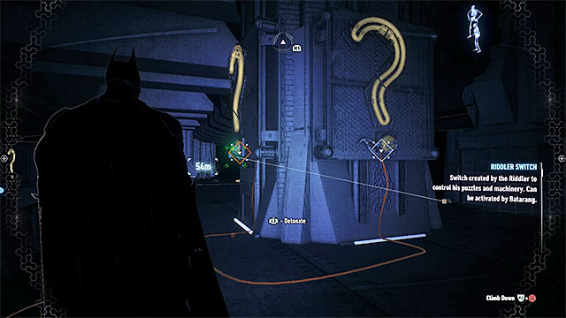 Now, focus on examining the upper ledge - you must find the two question marks shown on the picture above and spray the explosive gel on them - Riddler trophies on Miagani Island (20-38) - Collectibles - Miagani Island - Batman: Arkham Knight - Game Guide and Walkthrough