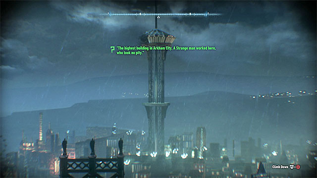 Climb on the roof and zoom the screen so that the Wonder Tower from Arkham City will fit the frame - Riddles on Miagani Island - Collectibles - Miagani Island - Batman: Arkham Knight - Game Guide and Walkthrough