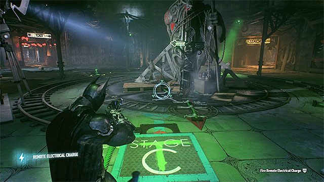 At the very end the arrow needs to stop next to the plate with a green letter T on it - Riddler trophies in the Panessa Studios (1-10) - Collectibles - Pannesa Film Studios - Batman: Arkham Knight - Game Guide and Walkthrough
