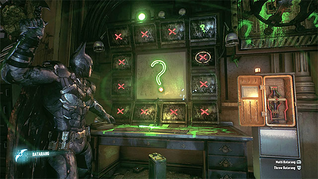 wait for the right moment to throw the batarang - Riddler trophies in the Arkham Knight HQ (11-21) - Collectibles - Arkham Knight HQ - Batman: Arkham Knight - Game Guide and Walkthrough