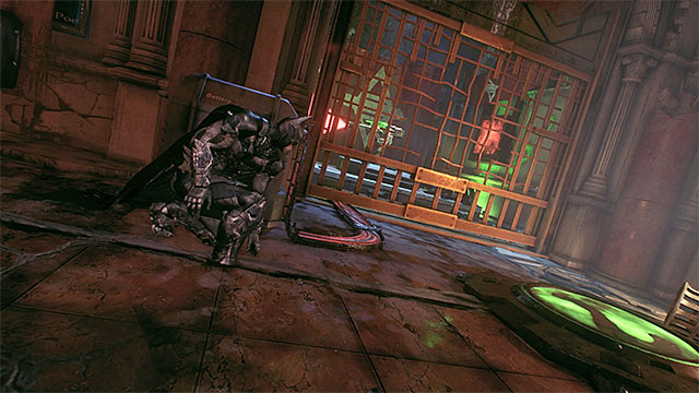 Hack the turret before you walk onto the plate - Riddler trophies in the Arkham Knight HQ (11-21) - Collectibles - Arkham Knight HQ - Batman: Arkham Knight - Game Guide and Walkthrough
