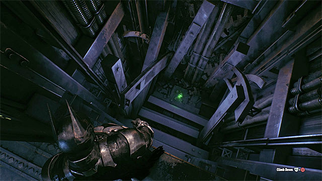The trophy is at the bottom of the elevator shaft - Riddler trophies in the Arkham Knight HQ (11-21) - Collectibles - Arkham Knight HQ - Batman: Arkham Knight - Game Guide and Walkthrough