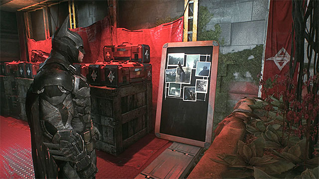 Find the board next to the weapons crate - Riddles in the Arkham Knight HQ - Collectibles - Arkham Knight HQ - Batman: Arkham Knight - Game Guide and Walkthrough