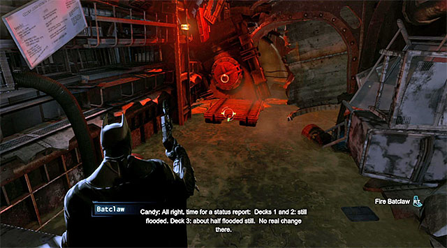 After the victorious fight, stop at the edge, select the claw from the inventory and aim at the catches of the floating platform shown in the above screenshot - Track down the Penguin - Main storyline - Batman: Arkham Origins - Game Guide and Walkthrough