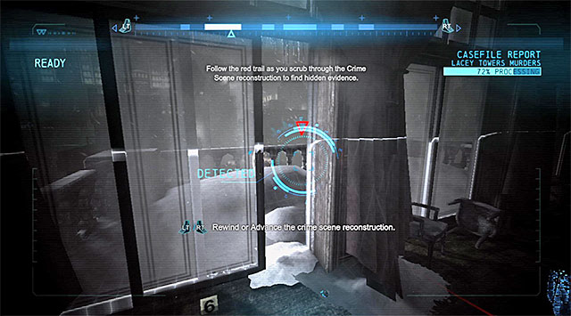 Take a look around the site for possible DNA on the floor, connected this time with the destroyed table - Solve the crime scene inside Lacey Towers - Main storyline - Batman: Arkham Origins - Game Guide and Walkthrough