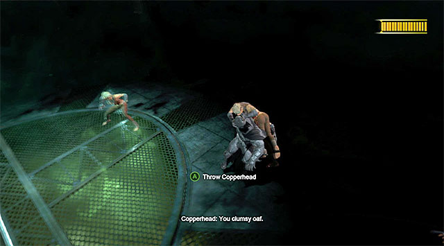 Keep tapping rhythmically the button shown in the screen if you are grabbed by Copperhead - Defeat Copperhead - Main storyline - Batman: Arkham Origins - Game Guide and Walkthrough