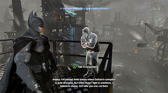 On your way to the ships exit, stop after you reach the Gun Shop again, and watch the footage displayed on several displays, all at the same time - Anarky - Most Wanted - Batman: Arkham Origins - Game Guide and Walkthrough