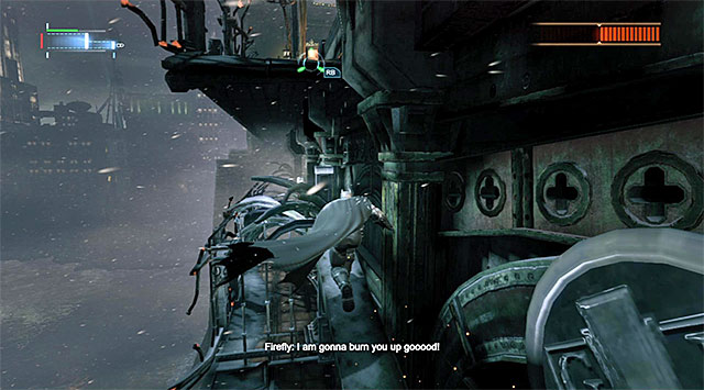 The next phase of the fight should start at the moment when the Firefly loses around a half of his healthbar - Firefly - Boss fights - Batman: Arkham Origins - Game Guide and Walkthrough