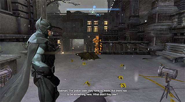 The location where the investigation starts is the crime scene shown in the screenshot, which is located in the Northern part of The Amusement Mile district, close to the Gotham Casino entrance - Case 1224-8: Amusement Mile Mauling - Casefile Reports - Batman: Arkham Origins - Game Guide and Walkthrough