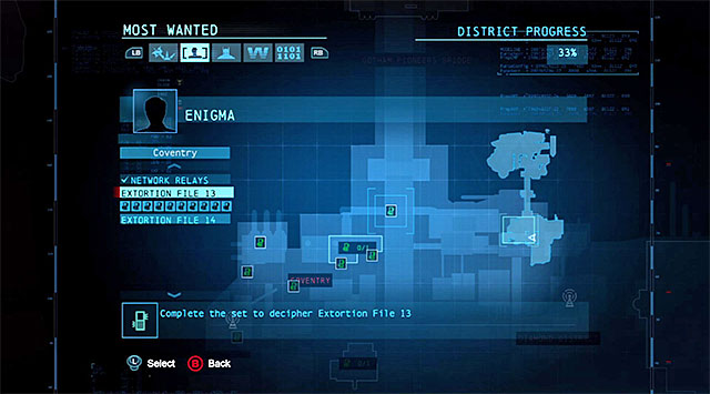The Enigma's side-mission window informs you of the progress in finding the individual datapacks. - World map - Enigma Datapacks - Batman: Arkham Origins - Game Guide and Walkthrough