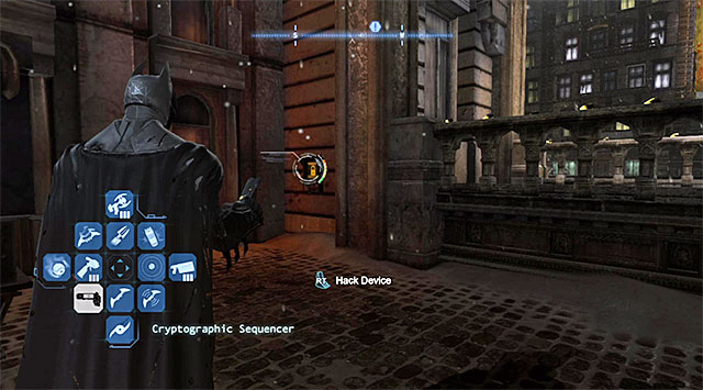 Examine the balcony neighboring the one with the box, with the collectible, on it (it is attached to the wall) and find the terminal that you can hack into, using the cryptographic sequencer - The best hidden datapacks - Extortion File 4 (The Bowery) - Enigma Datapacks - Batman: Arkham Origins - Game Guide and Walkthrough