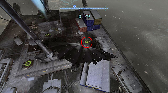 After Batman starts gliding, perform a turn in mid-air and target the second pressure plate shown in the screenshot, which is located in the North-Eastern part of the ship - The best hidden datapacks - Extortion File 7 (Amusement Mile) - Enigma Datapacks - Batman: Arkham Origins - Game Guide and Walkthrough