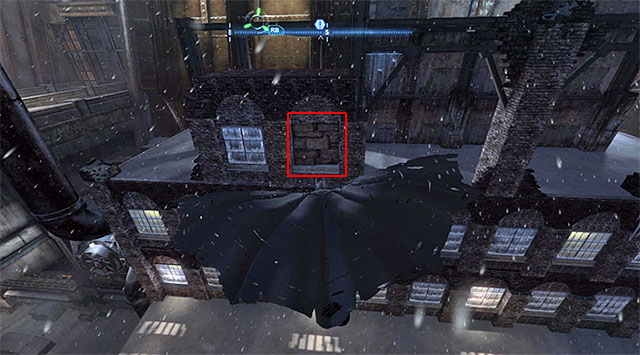 Start to the North of the collectible, jump off one of the rooftops and glide towards the weakened wall fragment shown in the screenshot - The best hidden datapacks - Extortion File 14 (Coventry) - Enigma Datapacks - Batman: Arkham Origins - Game Guide and Walkthrough