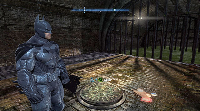 The best way to reach the Burnley Sewers is through the manhole shown in the screenshot, which you use for the first time during the Scan the corpse in the GCPD morgue maim mission - The Burnley District - entrances to the police station and the sewers - Enigma Datapacks - Batman: Arkham Origins - Game Guide and Walkthrough