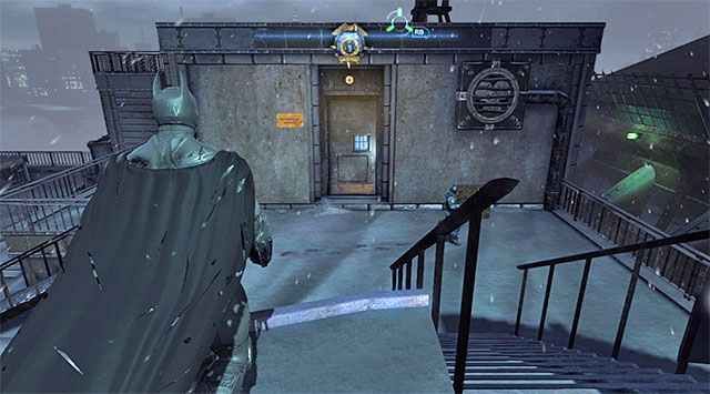 The GCPD main entrance is locked so, you need to take the door shown in the screenshot, located on the rooftop - The Burnley District - entrances to the police station and the sewers - Enigma Datapacks - Batman: Arkham Origins - Game Guide and Walkthrough
