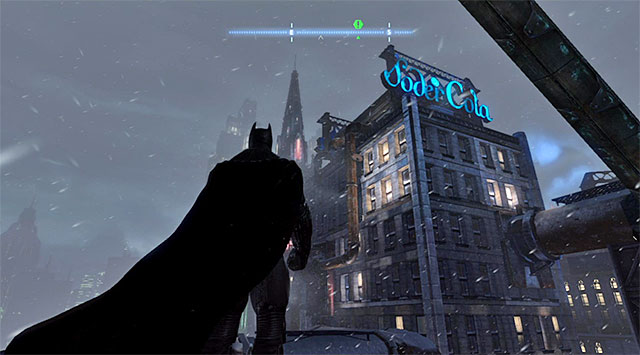 Notes: The Soder Cola building is in the North-Western part of the Diamond District (the screenshot) and you only need to reach the upper balcony - Dark Knight System - Challenges - Batman: Arkham Origins - Game Guide and Walkthrough