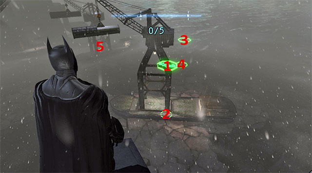 Glide towards ring 1 (the above screenshot) and start diving to reach ring 2 - Dark Knight System - Challenges - Batman: Arkham Origins - Game Guide and Walkthrough