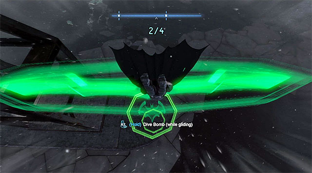Glide towards the first ring and, at the moment at which you are directly above the second one, start diving (the screenshot) - Dark Knight System - Challenges - Batman: Arkham Origins - Game Guide and Walkthrough
