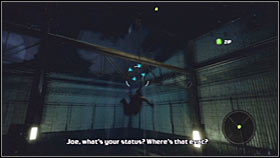 Notice that an enemy Polycraft has appeared above the warehouse - Act 2 - Chapter 3 - Port Anderson III - Act 2 - Chapter 3 - Bionic Commando - Game Guide and Walkthrough
